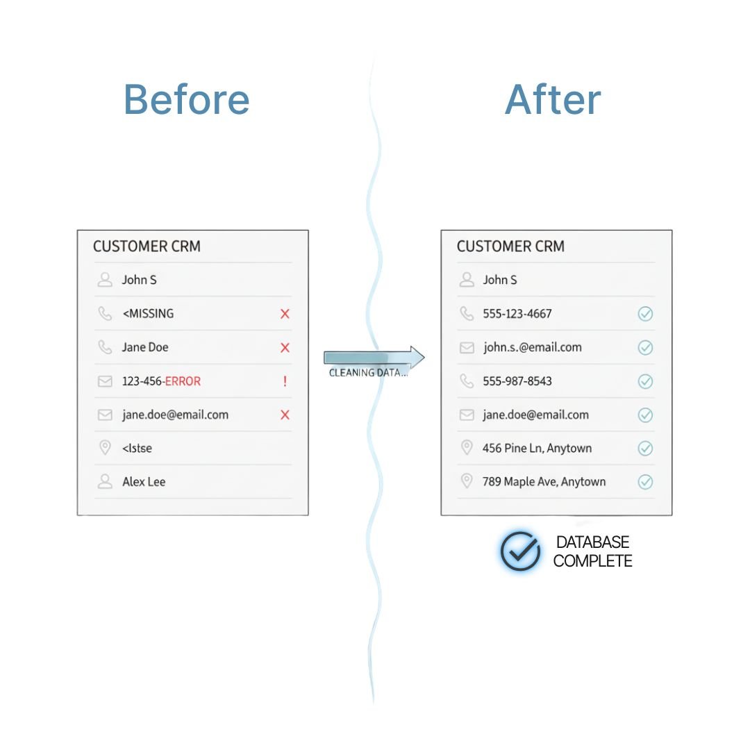 Before and after CRM database comparison showing data enhancement transformation from incomplete missing contact information to complete verified customer profiles with phone numbers emails and addresses