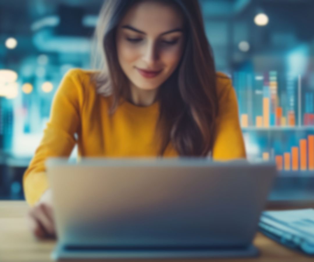 Professional woman working on laptop reviewing phone append data and analytics for premium lead enrichment services