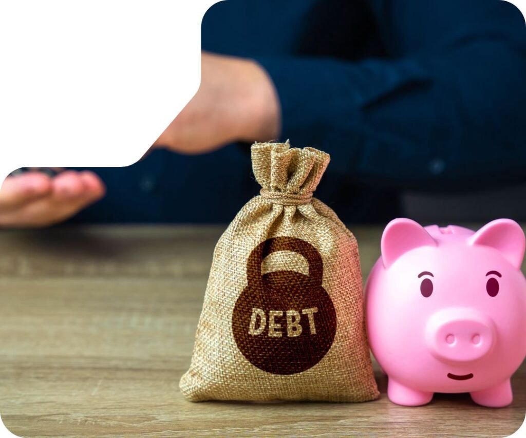 Debt settlement concept with burlap debt bag and pink piggy bank representing verified contact services for debt relief inquiries