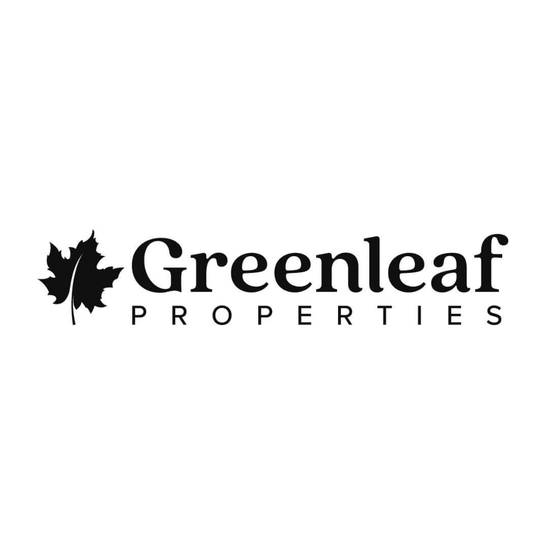 Greenleaf Properties logo with a black maple leaf icon to the left of "Greenleaf" in bold serif font above "PROPERTIES" in uppercase sans-serif, on white background.