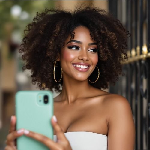 Smiling woman with curly hair taking selfie with mint smartphone representing phone append service and mobile customer engagement