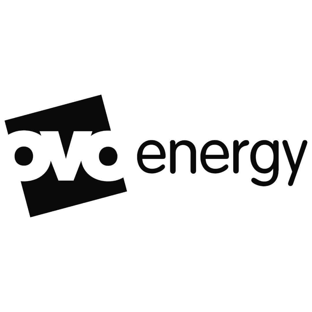 OVO Energy logo featuring a stylized white "ovo" emblem on a black angled rectangle, with "energy" in black lowercase sans-serif text, set against a gradient blue background.