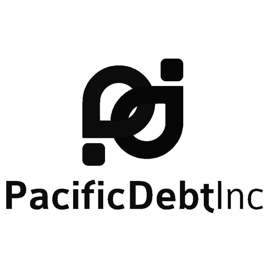 Pacific Debt Inc logo featuring an abstract interlocking black "P" and "D" emblem above "PacificDebtInc" in bold sans-serif font, on white background.