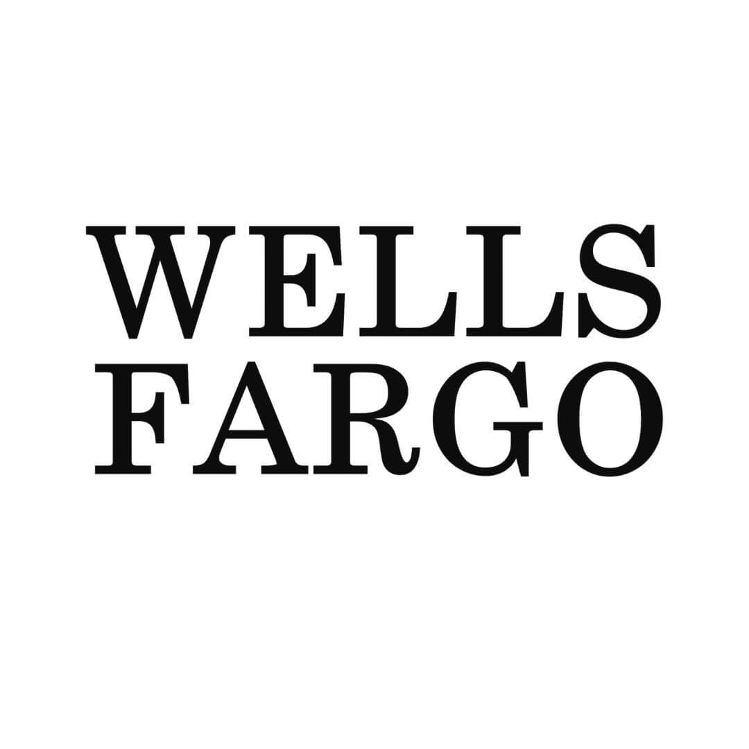 Wells Fargo logo in bold black serif font with "WELLS" above "FARGO" on white background.
