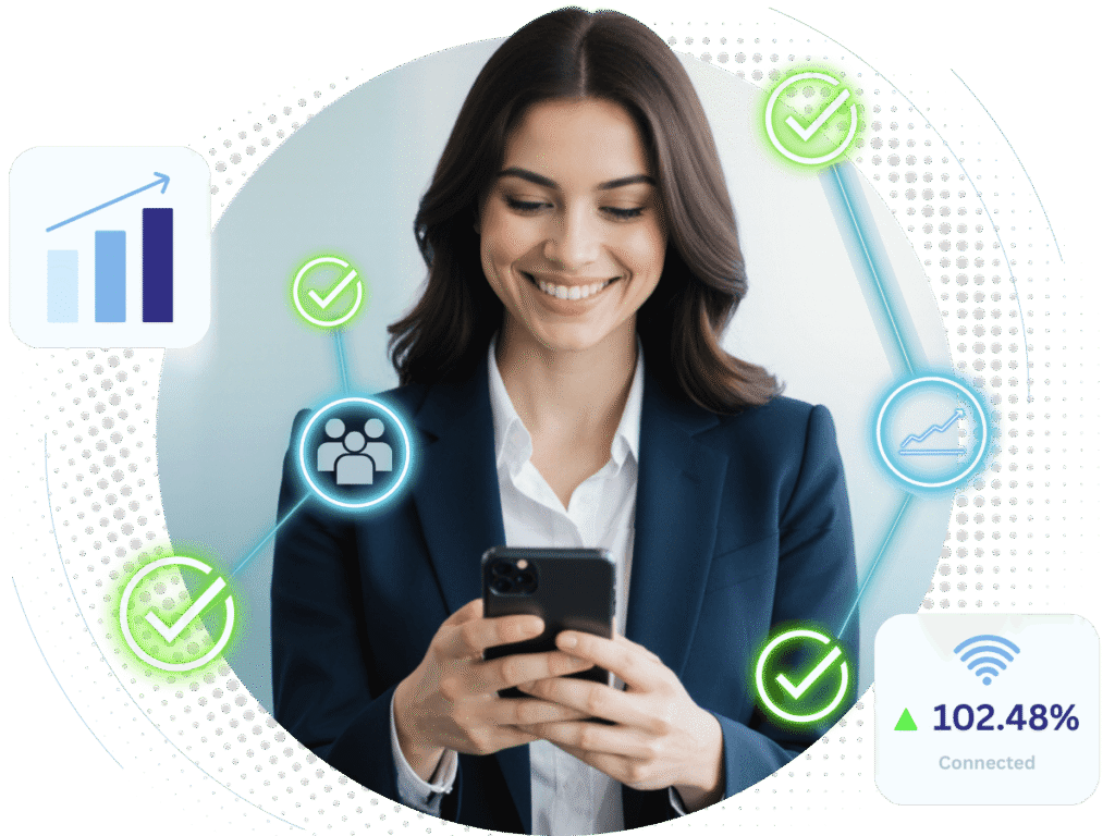 Professional businesswoman using smartphone with data verification icons showing 102.48% connectivity for premium phone appending services