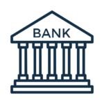 Bank building icon with classical columns and BANK text representing banking and financial services