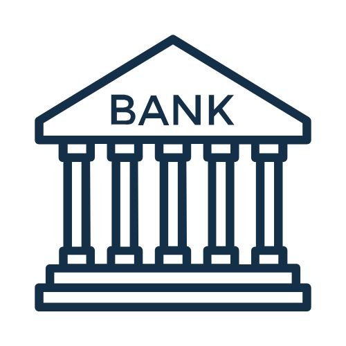 Bank building icon with classical columns and BANK text representing banking and financial services