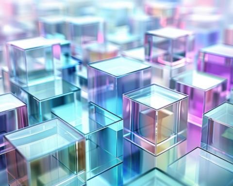 Iridescent glass cubes with holographic colors representing blockchain and digital network technology