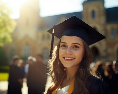 Happy female graduate in cap and gown smiling outdoors on university campus on graduation day