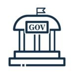 Government building icon with GOV text, columns, dome and flag representing government agencies