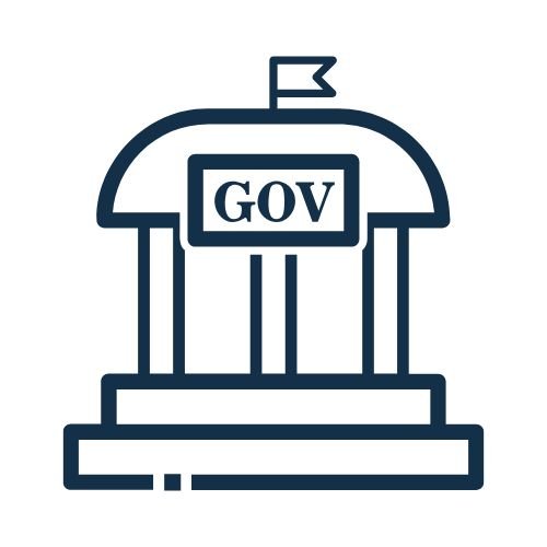 Government building icon with GOV text, columns, dome and flag representing government agencies