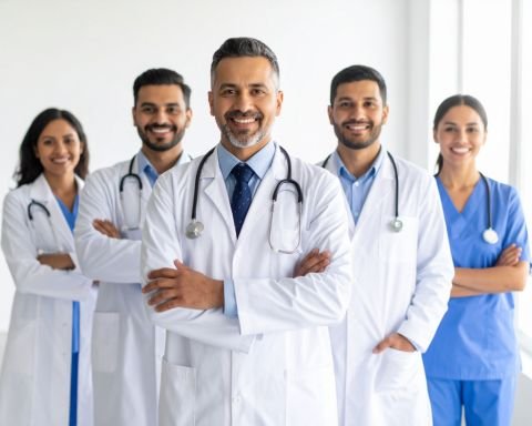 Diverse medical team of doctors and nurses in white coats with stethoscopes standing together