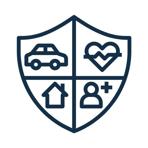 Insurance shield icon with four quadrants showing car, health, home, and life insurance symbols