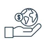 Non-profit fundraising icon with open hand holding globe and dollar coin symbolizing charitable donations