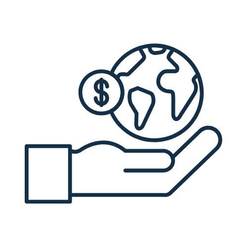 Non-profit fundraising icon with open hand holding globe and dollar coin symbolizing charitable donations