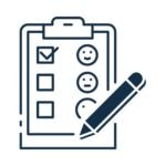 Market research survey clipboard with checklist, checkboxes, satisfaction ratings, and pen icon