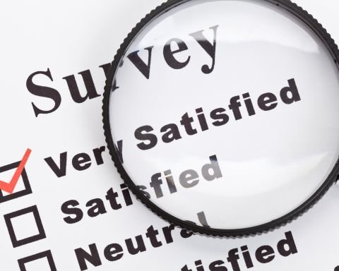 Customer satisfaction survey form with Very Satisfied checkbox checked and magnifying glass