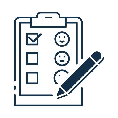 Market research survey clipboard with checklist, checkboxes, satisfaction ratings, and pen icon