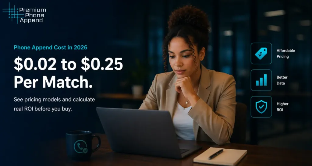 Phone append cost ranges from $0.02 to $0.25 per match in 2026, showing affordable pricing, better data, and higher ROI