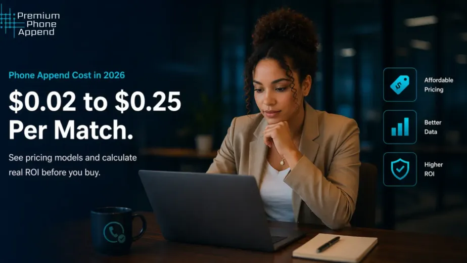 Phone append cost ranges from $0.02 to $0.25 per match in 2026, showing affordable pricing, better data, and higher ROI