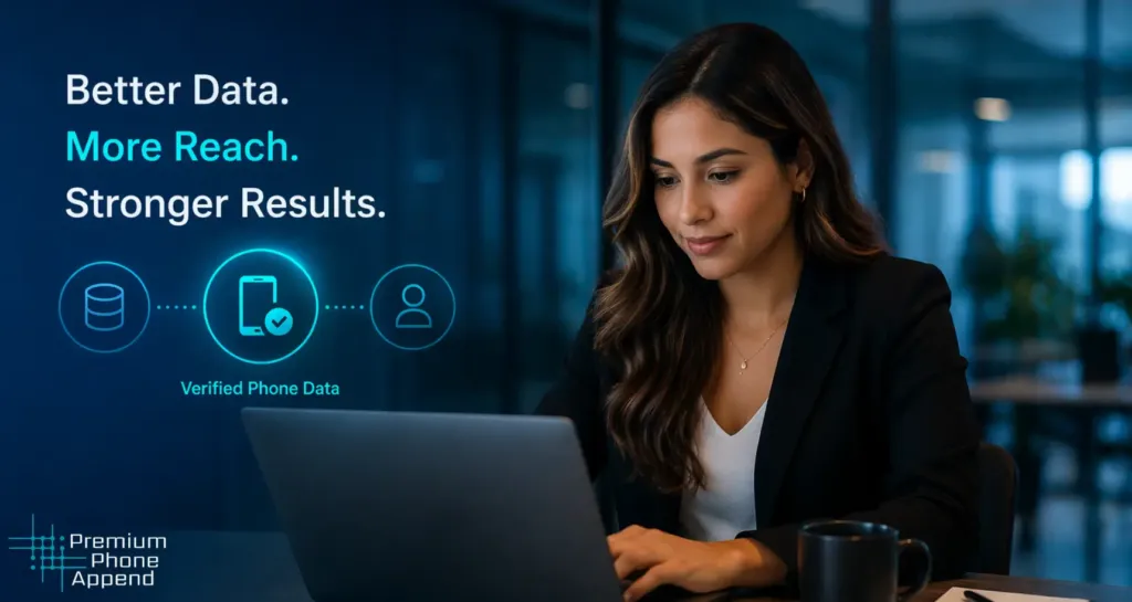 Verified phone data improving reach and results in phone append services with a professional using a laptop