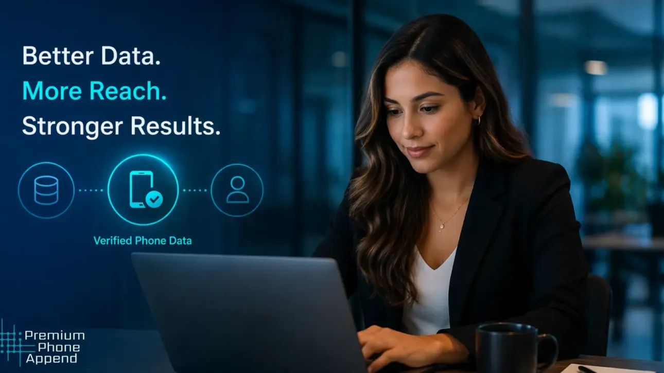 Verified phone data improving reach and results in phone append services with a professional using a laptop
