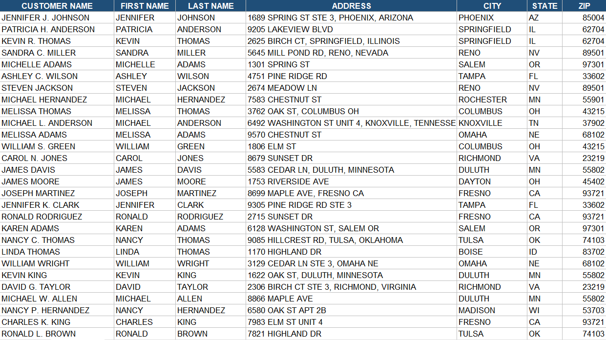Raw customer file before appending.
